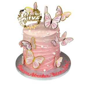 Pink swirls and butterflies cake